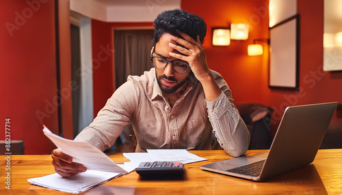 Stressed out concerned man working on laptop reviewing paperwork or bills