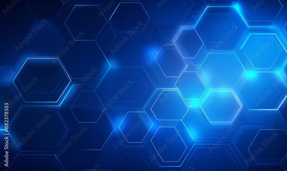 Blue background with a hexagon outline vector illustration. Digital technology and science concept, blue color, flat design, simple geometric shapes, abstract style, without any text or letters Blue background with a hexagon outline vector illustration. Digital technology and science concept, blue color, flat design, simple geometric shapes, abstract style, without any text or letters