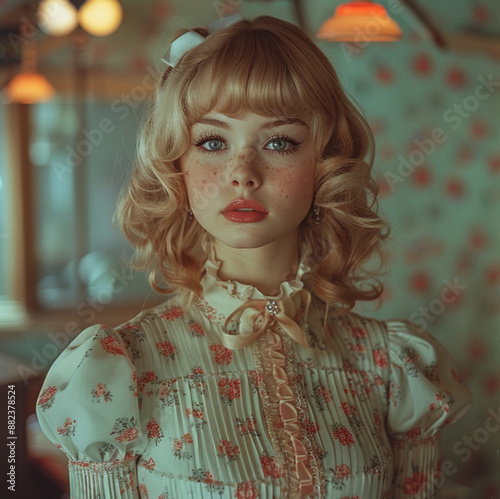 young woman dressed up to look like a doll, doll makeup photo