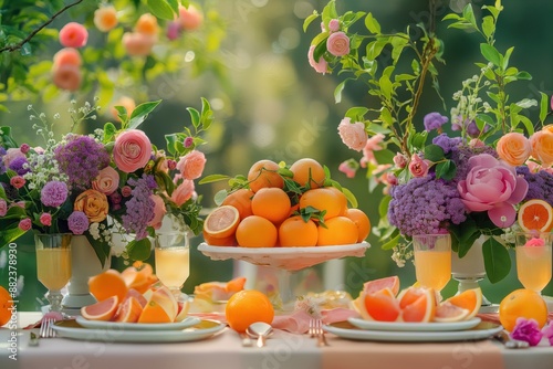 Outdoor table setting with white tablecloth, flowers, fruits, glasses. Serene garden backdrop with trees, bushes. Perfect for festive banquet. Includes citrus mix, pink, purple flowers decorations.