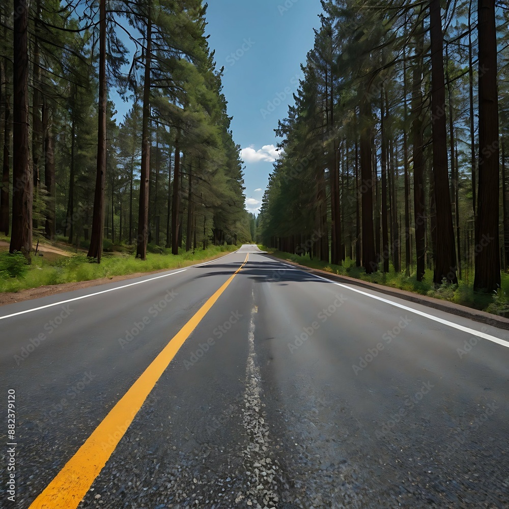 A Straight Road Through a Lush Pine Forest on a Sunny Day A Straight Road Through a Lush Pine Forest on a Sunny Day