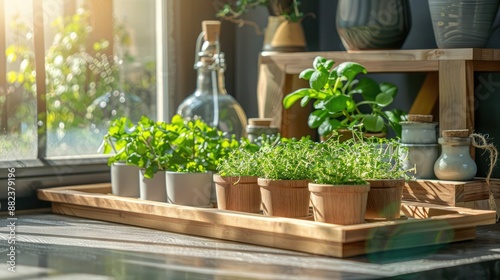 Green microgreens on modern shelves