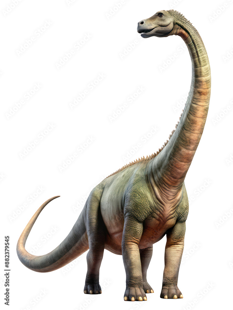 Obraz premium The Dinosaur Diplodocus Looks into the Frame Depicted in Full Height on a Transparent Background