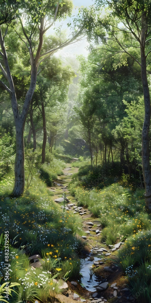 Sunlit forest path with lush greenery, wildflowers, and a small stream. Dappled light filters through tall trees, creating a serene, inviting atmosphere.