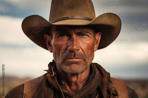 Cowboy image. History of america. History of cowboys, first ranch. Farmer Australia. Portrait of a cowboy.