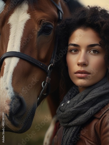 A young woman with a horse on a horse farm