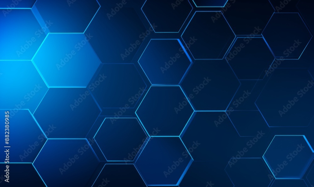 Blue background with a hexagon outline vector illustration. Digital technology and science concept, blue color, flat design, simple geometric shapes, abstract style, without any text or letters Blue background with a hexagon outline vector illustration. Digital technology and science concept, blue color, flat design, simple geometric shapes, abstract style, without any text or letters