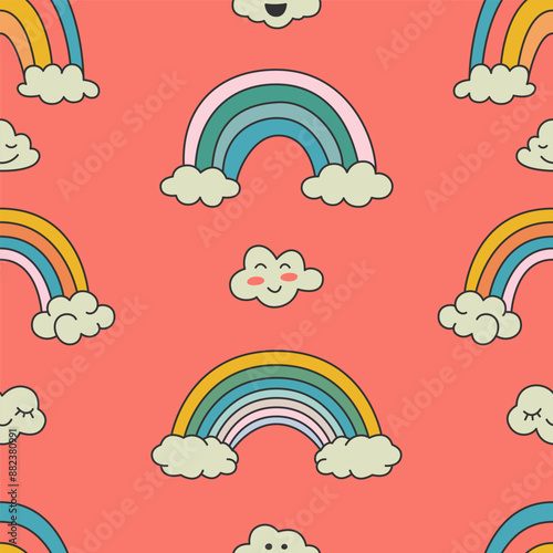 Flat Vector Seamless Pattern with Funny Cartoon Rainbow and Clouds. Trendy Trippy Retro Cartoon Style. Hippie 60s, 70s Style