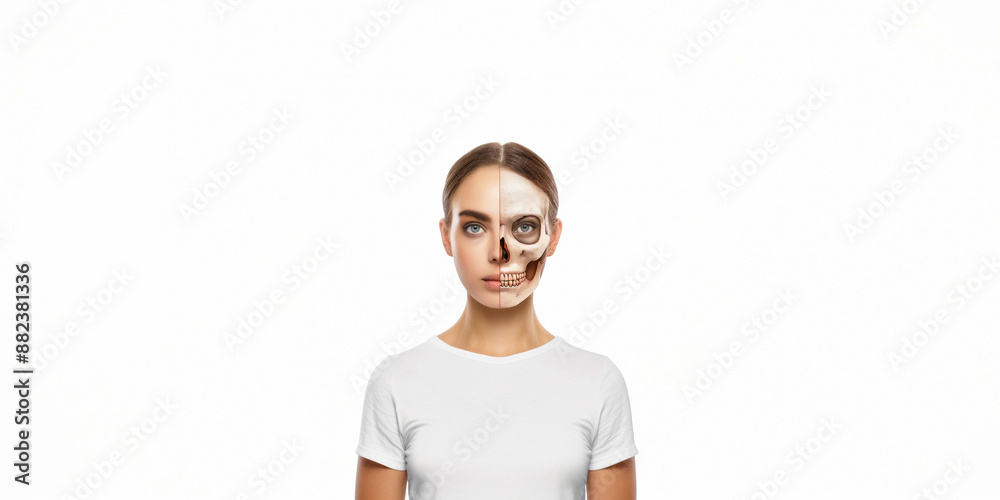 Half-beautiful woman, half-skull face, symbolizing anti-drug message Half-beautiful woman, half-skull face, symbolizing anti-drug message