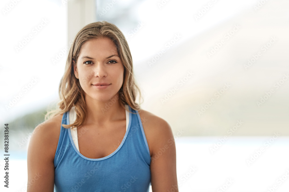Portrait, calm and woman in home, sportswear and ready to relax with yoga in lounge, routine and morning. Healthy, smile and peace in house, meditation and wellness for spiritual healing of person Portrait, calm and woman in home, sportswear and ready to relax with yoga in lounge, routine and morning. Healthy, smile and peace in house, meditation and wellness for spiritual healing of person