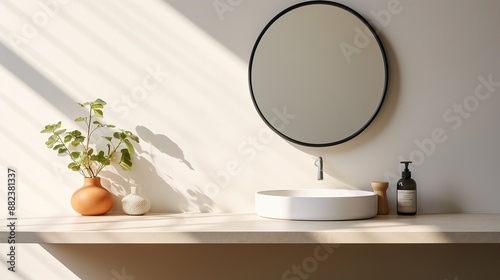 A closeup of a minimalist mirror reflecting a serene bathroom environment. minimalist, clean and simple background, natural lighting, highly detailed, high quality Generative AI