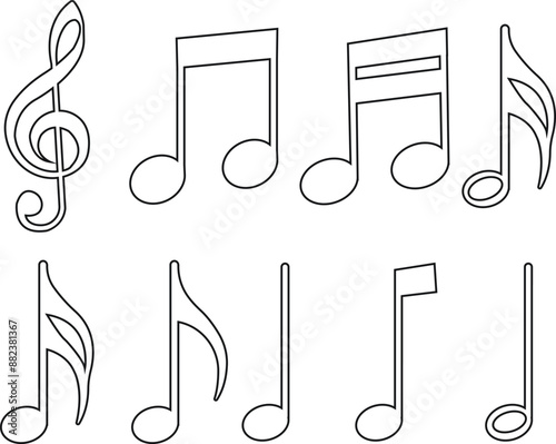 Music notes icon set, song, melody or tune line vector collection isolated on transparent background. Musical key trendy style symbols design element logo template for musical apps and website