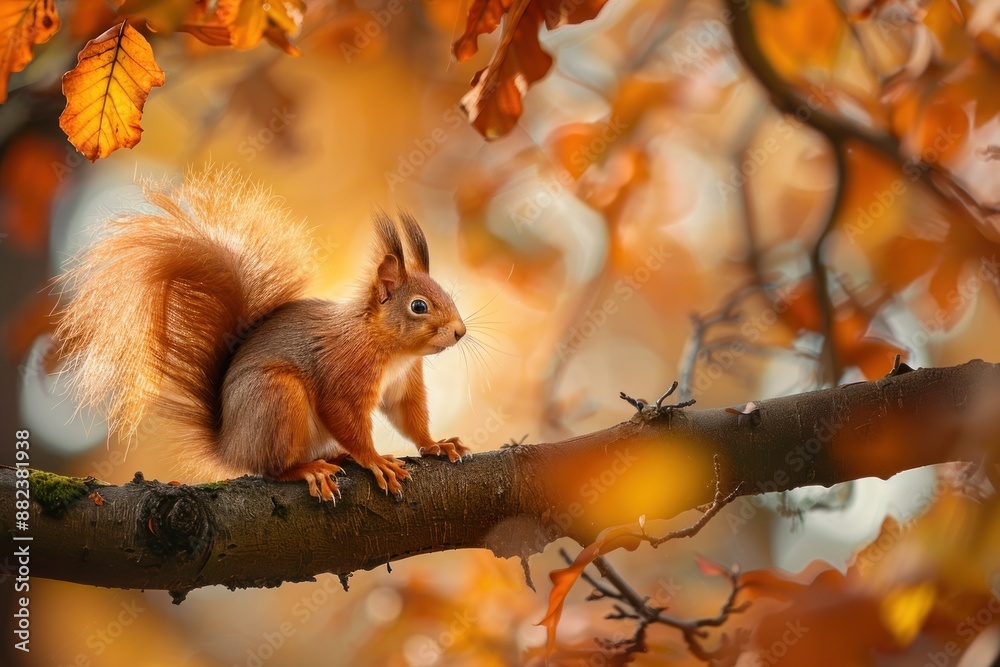 Fototapeta premium Red Squirrel Perched on a Branch in Autumnal Foliage