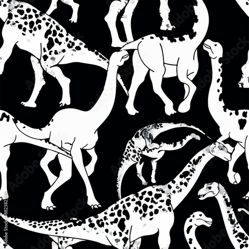Seamless patterns featuring dinosaurs in various styles, from Cambrian to Jurassic periods. Designs include striped, camouflaged, and playful motifs. Ideal for textiles, wallpapers, and creative proje