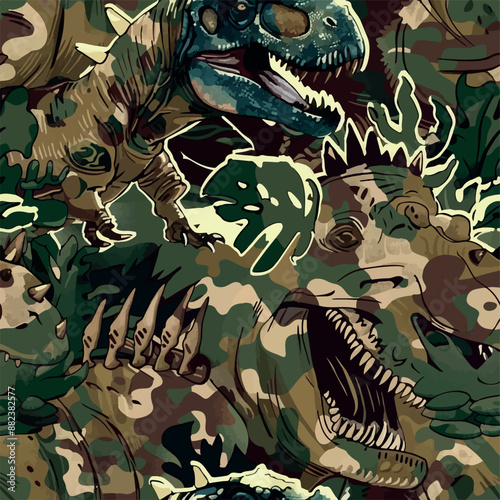 Seamless patterns featuring dinosaurs in various styles, from Cambrian to Jurassic periods. Designs include striped, camouflaged, and playful motifs. Ideal for textiles, wallpapers, and creative proje