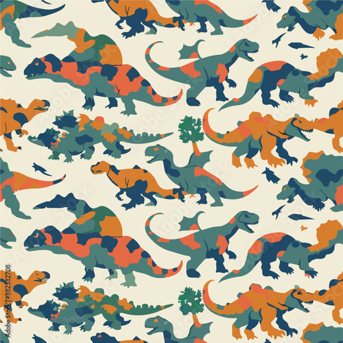 Seamless patterns featuring dinosaurs in various styles, from Cambrian to Jurassic periods. Designs include striped, camouflaged, and playful motifs. Ideal for textiles, wallpapers, and creative proje