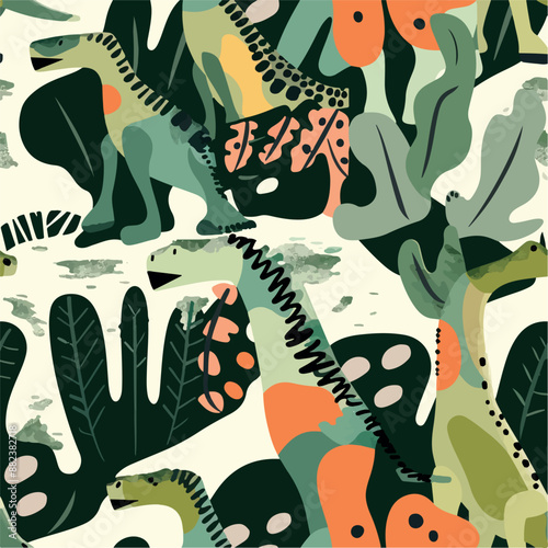 Seamless patterns featuring dinosaurs in various styles, from Cambrian to Jurassic periods. Designs include striped, camouflaged, and playful motifs. Ideal for textiles, wallpapers, and creative proje