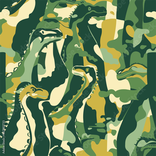 Seamless patterns featuring dinosaurs in various styles, from Cambrian to Jurassic periods. Designs include striped, camouflaged, and playful motifs. Ideal for textiles, wallpapers, and creative proje