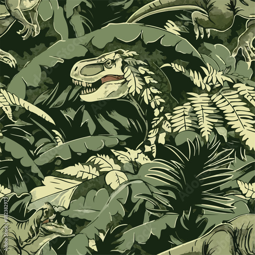 Seamless patterns featuring dinosaurs in various styles, from Cambrian to Jurassic periods. Designs include striped, camouflaged, and playful motifs. Ideal for textiles, wallpapers, and creative proje