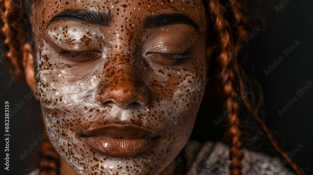 Portrait artistique d'une femme d'origine africaine avec des mouchetures, tâches et spot dépigmentés correspondant au vitiligo, leukoderma, maladie de la peau, dermatologie Portrait artistique d'une femme d'origine africaine avec des mouchetures, tâches et spot dépigmentés correspondant au vitiligo, leukoderma, maladie de la peau, dermatologie