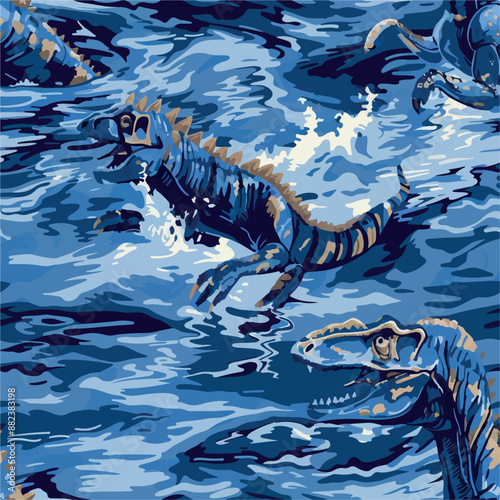 Seamless patterns featuring dinosaurs in various styles, from Cambrian to Jurassic periods. Designs include striped, camouflaged, and playful motifs. Ideal for textiles, wallpapers, and creative proje