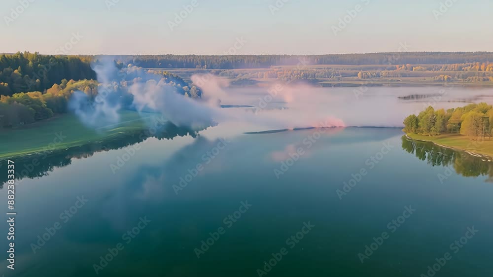 Aerial View of Smoke Plumes Over a Calm Lake at Sunset Aerial View of Smoke Plumes Over a Calm Lake at Sunset