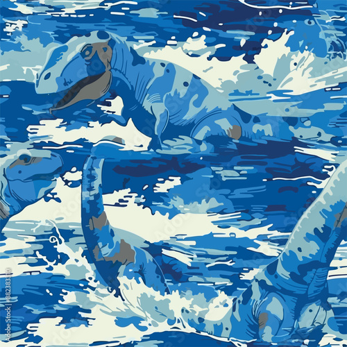 Seamless patterns featuring dinosaurs in various styles, from Cambrian to Jurassic periods. Designs include striped, camouflaged, and playful motifs. Ideal for textiles, wallpapers, and creative proje
