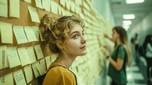 La grande question de l'orientation : une jeune fille lycéenne devant un mur rempli de post-its avec des noms de métiers, résultats d'admission à l'université et d'examens photo