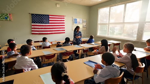 Students Learning in a Classroom With an American Flag