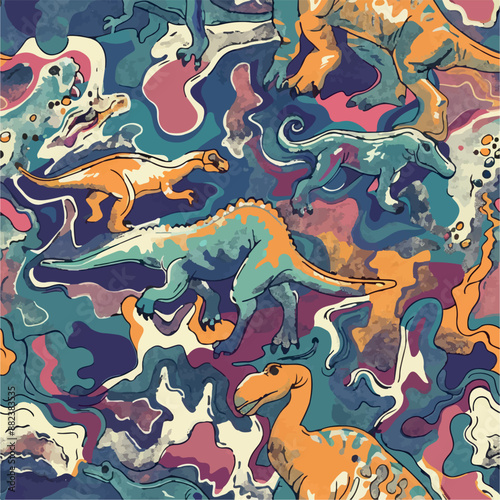 Seamless patterns featuring dinosaurs in various styles, from Cambrian to Jurassic periods. Designs include striped, camouflaged, and playful motifs. Ideal for textiles, wallpapers, and creative proje