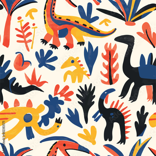 Seamless patterns featuring dinosaurs in various styles, from Cambrian to Jurassic periods. Designs include striped, camouflaged, and playful motifs. Ideal for textiles, wallpapers, and creative proje