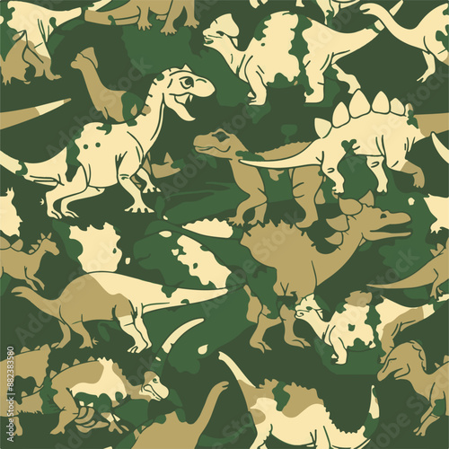 Seamless patterns featuring dinosaurs in various styles, from Cambrian to Jurassic periods. Designs include striped, camouflaged, and playful motifs. Ideal for textiles, wallpapers, and creative proje