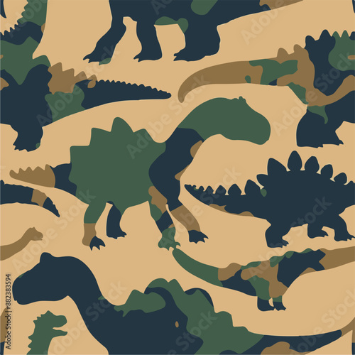 Seamless patterns featuring dinosaurs in various styles, from Cambrian to Jurassic periods. Designs include striped, camouflaged, and playful motifs. Ideal for textiles, wallpapers, and creative proje
