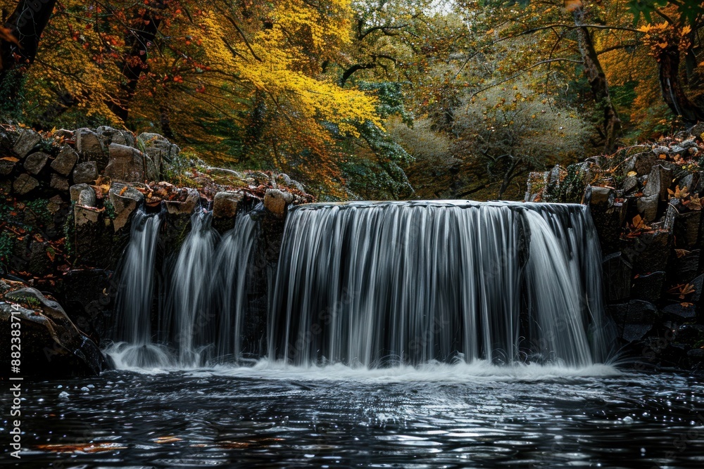 Obraz premium Waterfall Cascading Through Autumnal Forest