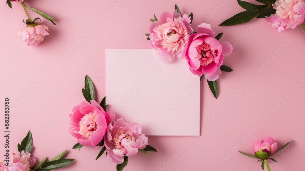 A pink peony wreath encircles a blank square sheet on a soft pink background A pink peony wreath encircles a blank square sheet on a soft pink background