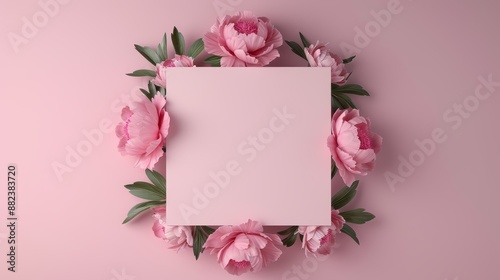 A pink peony wreath encircles a blank square sheet on a soft pink background