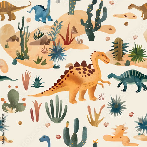 Seamless patterns featuring dinosaurs in various styles, from Cambrian to Jurassic periods. Designs include striped, camouflaged, and playful motifs. Ideal for textiles, wallpapers, and creative proje