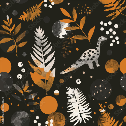 Seamless patterns featuring dinosaurs in various styles, from Cambrian to Jurassic periods. Designs include striped, camouflaged, and playful motifs. Ideal for textiles, wallpapers, and creative proje