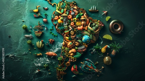 Map of South America formed by South American cultural objects on a dark background, South America map mosaic