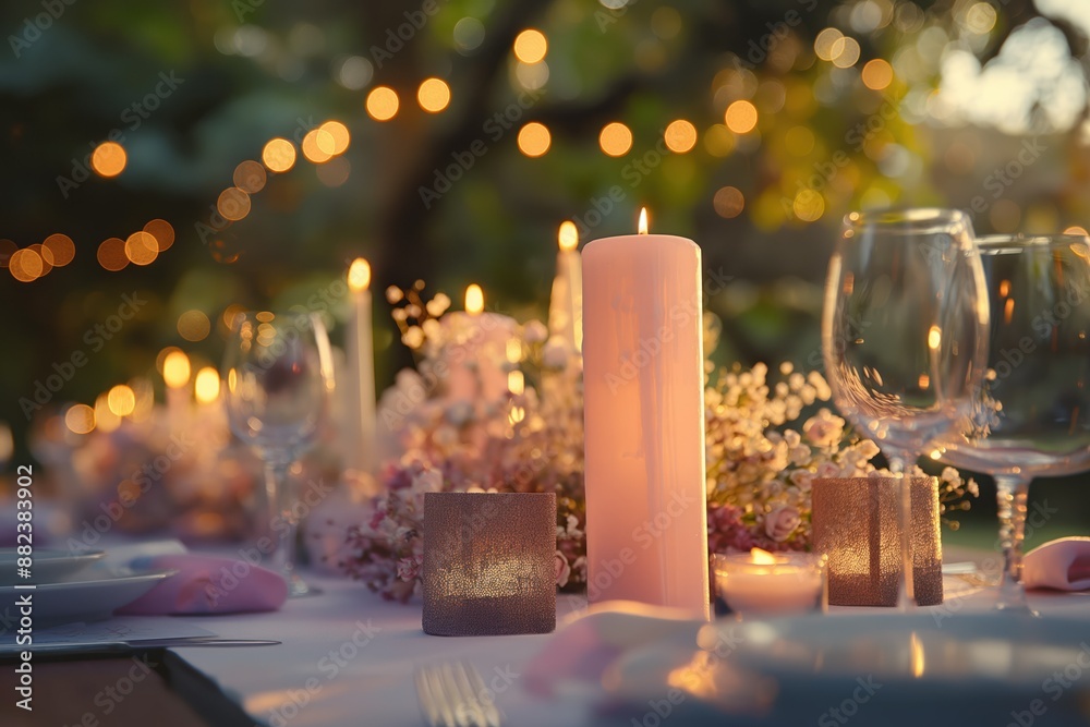 Outdoor dining scene features white tablecloth with pink flowers vase, candle and wine glass. Blurred garden or park setting with trees and string lights in background. Outdoor dining scene features white tablecloth with pink flowers vase, candle and wine glass. Blurred garden or park setting with trees and string lights in background.