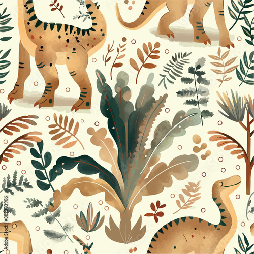 Seamless patterns featuring dinosaurs in various styles, from Cambrian to Jurassic periods. Designs include striped, camouflaged, and playful motifs. Ideal for textiles, wallpapers, and creative proje