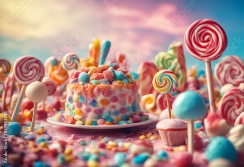 background fantasy whimsical surrounded sweets candy imagination land cake confectionery colorful sky lollipops whimsical childhood background fantasy whimsical