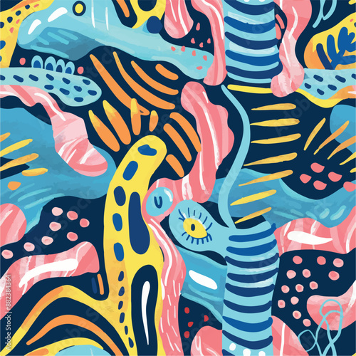 Seamless patterns featuring dinosaurs in various styles, from Cambrian to Jurassic periods. Designs include striped, camouflaged, and playful motifs. Ideal for textiles, wallpapers, and creative proje