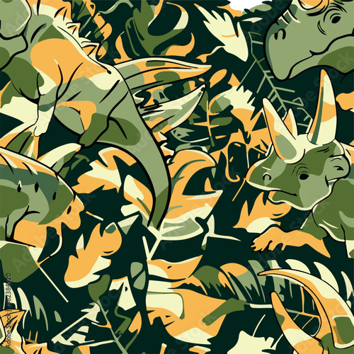 Seamless patterns featuring dinosaurs in various styles, from Cambrian to Jurassic periods. Designs include striped, camouflaged, and playful motifs. Ideal for textiles, wallpapers, and creative proje