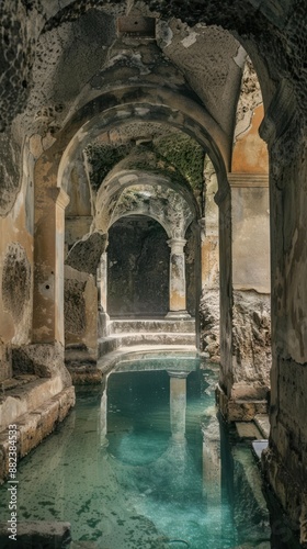 Ancient Roman Bathhouse Interior - Beautifully preserved Roman bathhouse with arches and a central pool, showcasing historical architecture and serene ambiance.