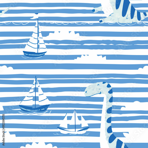 Seamless patterns featuring dinosaurs in various styles, from Cambrian to Jurassic periods. Designs include striped, camouflaged, and playful motifs. Ideal for textiles, wallpapers, and creative proje