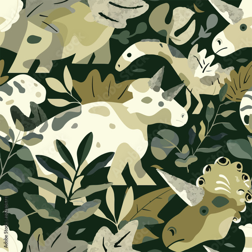 Seamless patterns featuring dinosaurs in various styles, from Cambrian to Jurassic periods. Designs include striped, camouflaged, and playful motifs. Ideal for textiles, wallpapers, and creative proje