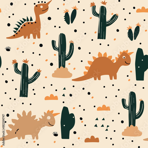 Seamless patterns featuring dinosaurs in various styles, from Cambrian to Jurassic periods. Designs include striped, camouflaged, and playful motifs. Ideal for textiles, wallpapers, and creative proje
