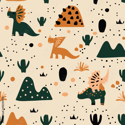 Seamless patterns featuring dinosaurs in various styles, from Cambrian to Jurassic periods. Designs include striped, camouflaged, and playful motifs. Ideal for textiles, wallpapers, and creative proje