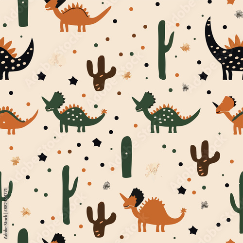 Seamless patterns featuring dinosaurs in various styles, from Cambrian to Jurassic periods. Designs include striped, camouflaged, and playful motifs. Ideal for textiles, wallpapers, and creative proje